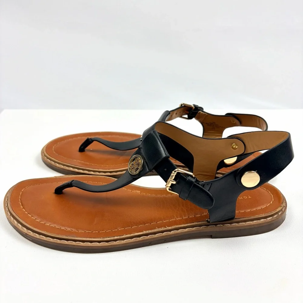 Tommy Hilfiger Black Leather Thong Sandals Gold Logo Size 10M - Picture 3 of 8